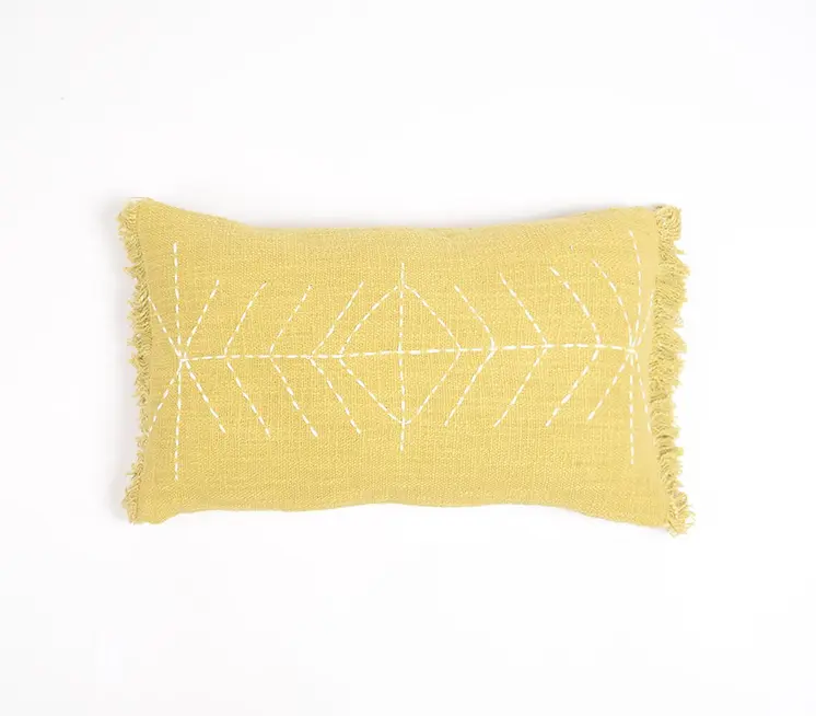 12" X 20" Yellow and White Geometric Cotton Throw Pillow Cover With Embroidery, Fringe