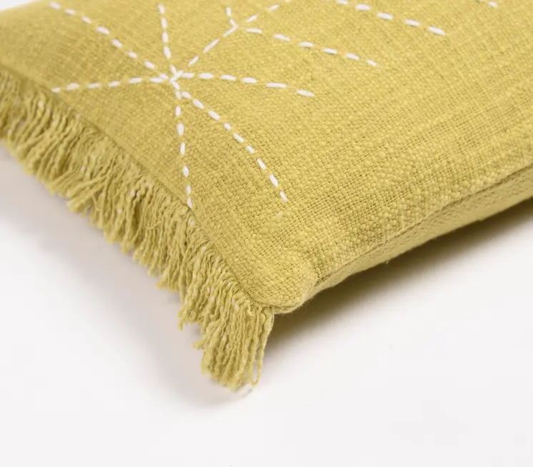 12" X 20" Yellow and White Geometric Cotton Throw Pillow Cover With Embroidery, Fringe