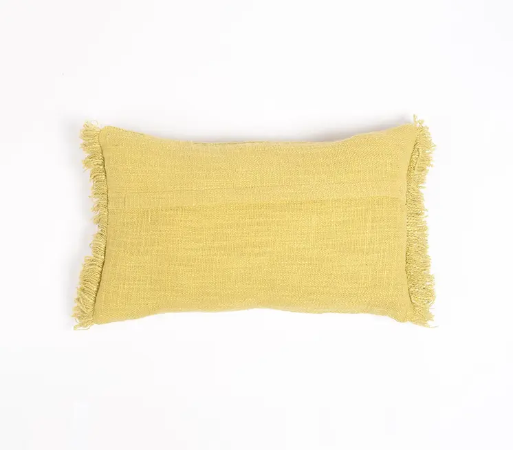 12" X 20" Yellow and White Geometric Cotton Throw Pillow Cover With Embroidery, Fringe