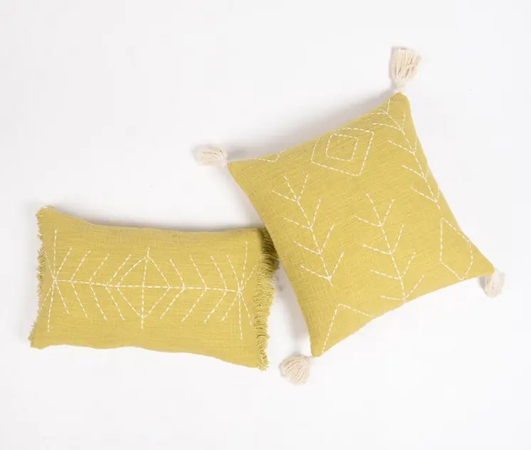 12" X 20" Yellow and White Geometric Cotton Throw Pillow Cover With Embroidery, Fringe