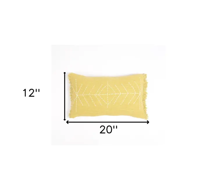 12" X 20" Yellow and White Geometric Cotton Throw Pillow Cover With Embroidery, Fringe