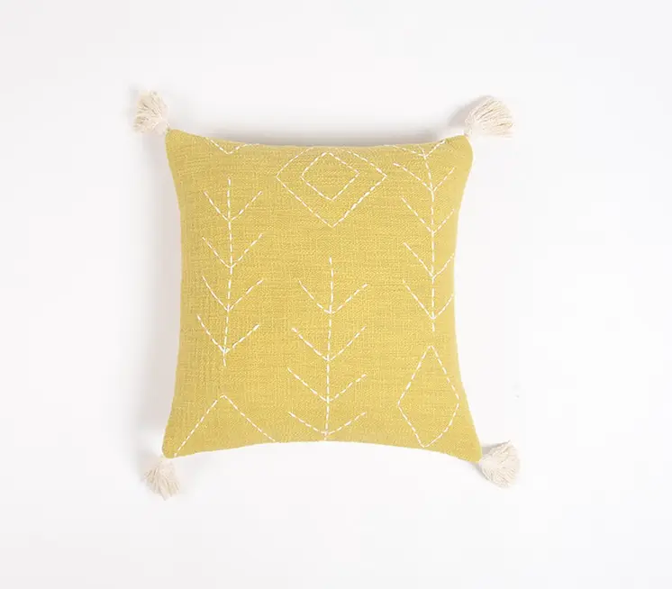 18" Yellow and White Geometric Cotton Throw Pillow Cover With Embroidery, Tassels