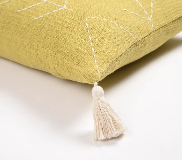 18" Yellow and White Geometric Cotton Throw Pillow Cover With Embroidery, Tassels