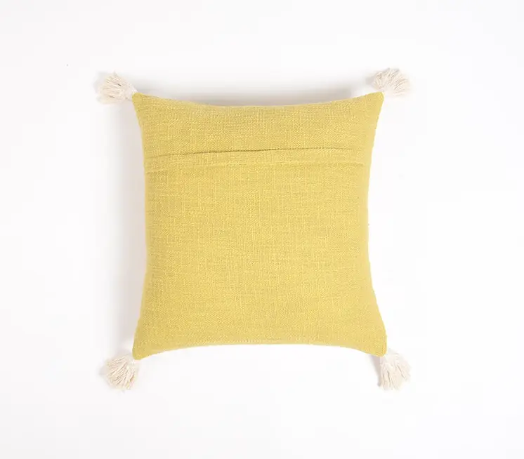 18" Yellow and White Geometric Cotton Throw Pillow Cover With Embroidery, Tassels