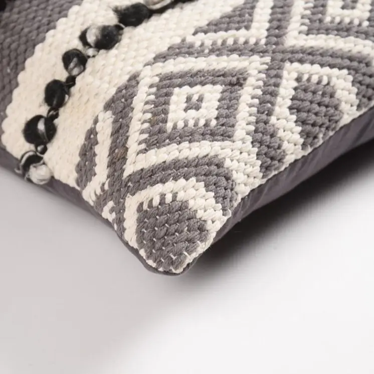 16" X 24" Brown and White Striped Cotton Blend Throw Pillow Cover With Tufts