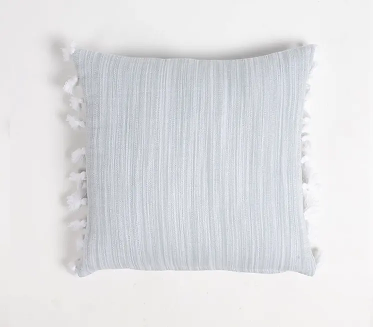 Set of Two Gray and White Linen Cotton Throw Pillow Cover With Tassels