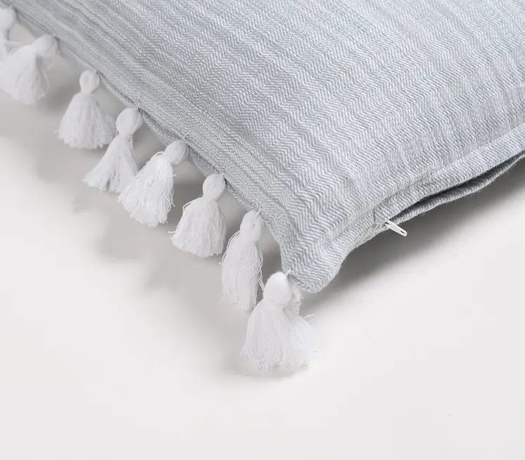 Set of Two Gray and White Linen Cotton Throw Pillow Cover With Tassels