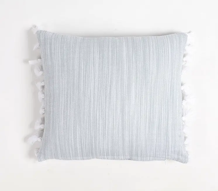Set of Two Gray and White Linen Cotton Throw Pillow Cover With Tassels