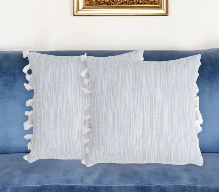 Set of Two Gray and White Linen Cotton Throw Pillow Cover With Tassels