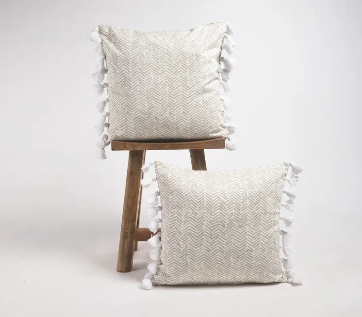Set of Two Brown and White Chevron Cotton Throw Pillow Cover With Tassels