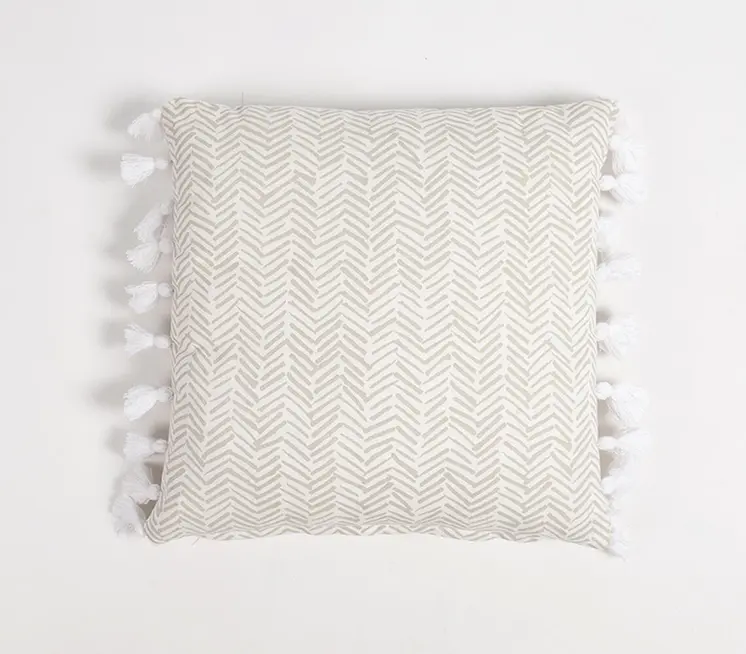 Set of Two Brown and White Chevron Cotton Throw Pillow Cover With Tassels