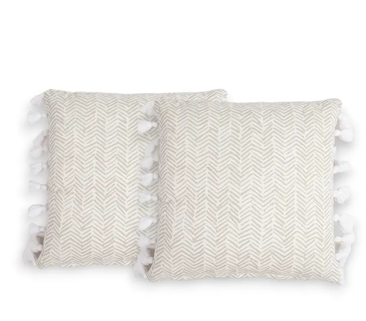 Set of Two Brown and White Chevron Cotton Throw Pillow Cover With Tassels