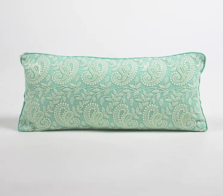 6" X 14" Blue Green Paisley Cotton Throw Pillow Cover With Embroidery