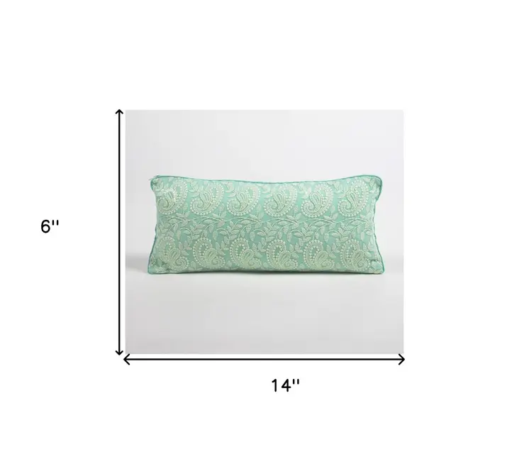 6" X 14" Blue Green Paisley Cotton Throw Pillow Cover With Embroidery