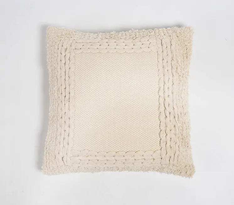 18" Beige Cotton Blend Throw Pillow Cover With Fringe