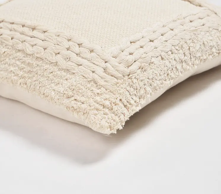18" Beige Cotton Blend Throw Pillow Cover With Fringe