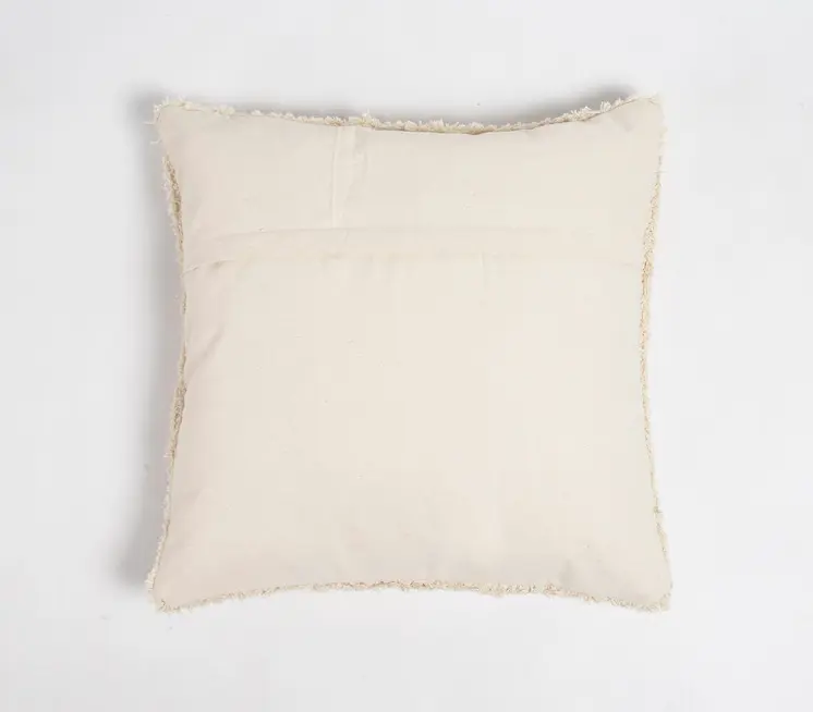 18" Beige Cotton Blend Throw Pillow Cover With Fringe
