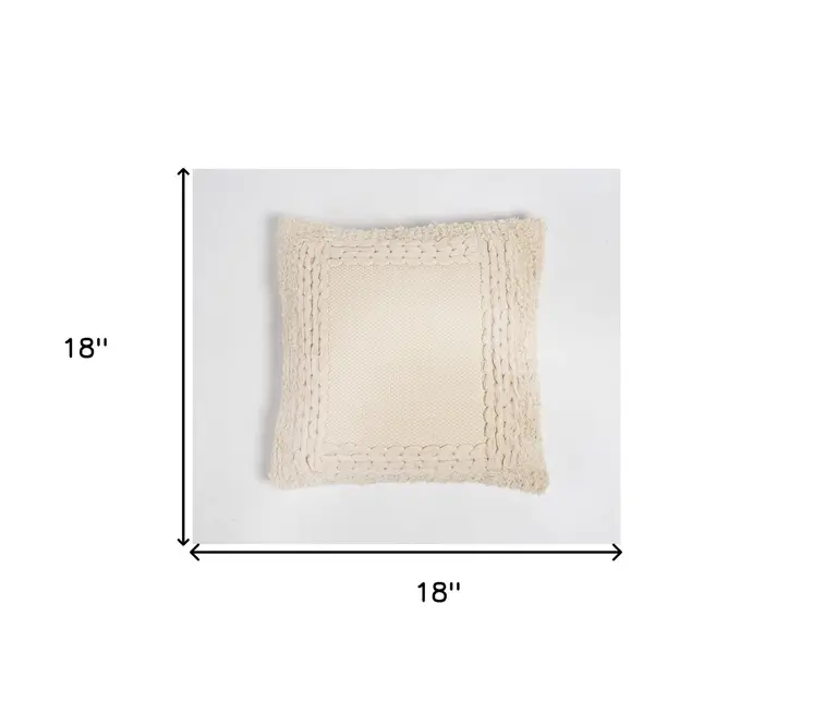 18" Beige Cotton Blend Throw Pillow Cover With Fringe