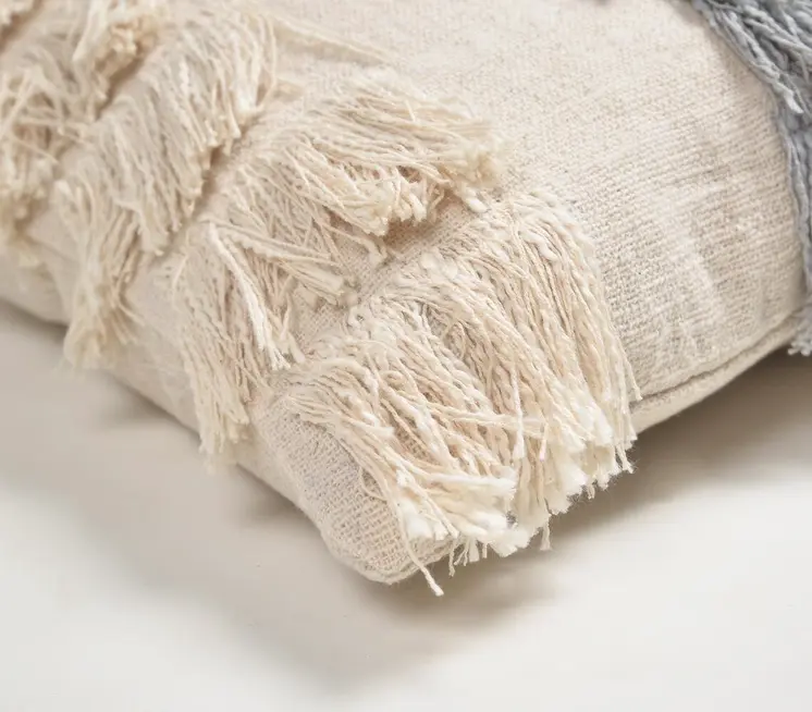 18" Beige and Gray Striped Cotton Throw Pillow Cover With Fringe