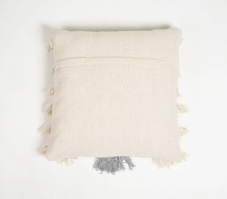18" Beige and Gray Striped Cotton Throw Pillow Cover With Fringe