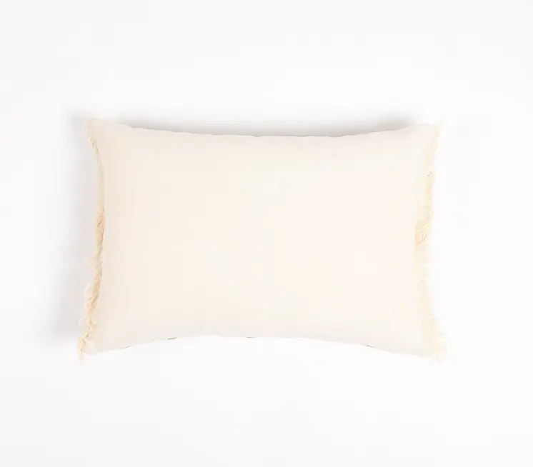 14" X 20" Green and Ivory Chevron Cotton Throw Pillow Cover With Embroidery, Fringe