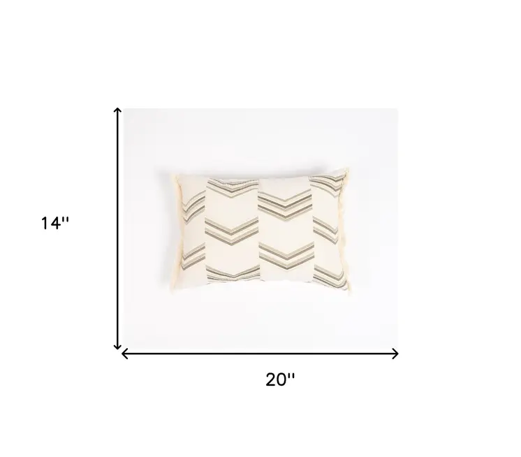 14" X 20" Green and Ivory Chevron Cotton Throw Pillow Cover With Embroidery, Fringe
