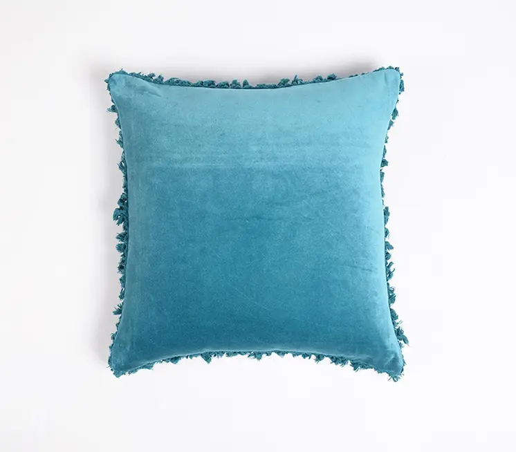18" Blue Cotton Blend Throw Pillow Cover With Fringe