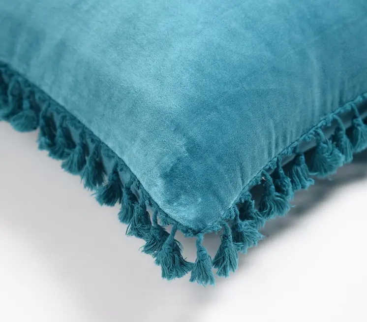 18" Blue Cotton Blend Throw Pillow Cover With Fringe