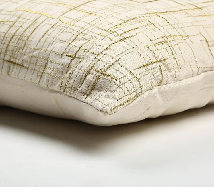 18" Beige and Gold Handmade Abstract Indoor Outdoor Throw Pillow Cover With Embroidery