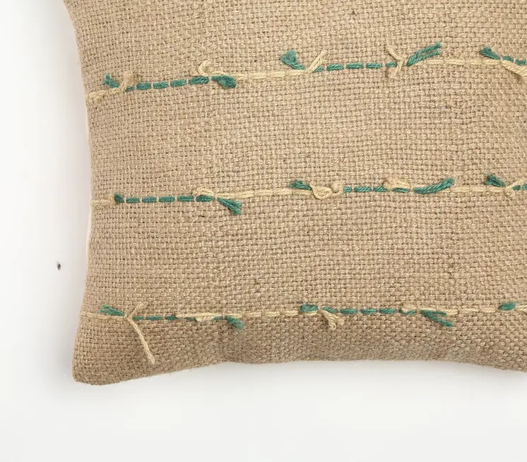 18" Beige and Green Striped Jute Throw Pillow Cover With Texture