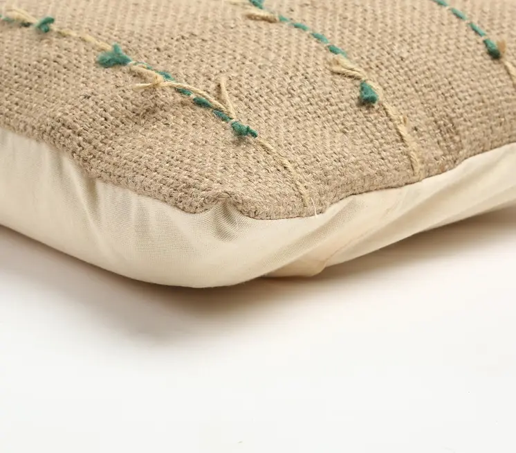 18" Beige and Green Striped Jute Throw Pillow Cover With Texture