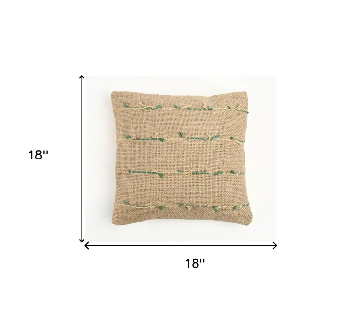 18" Beige and Green Striped Jute Throw Pillow Cover With Texture