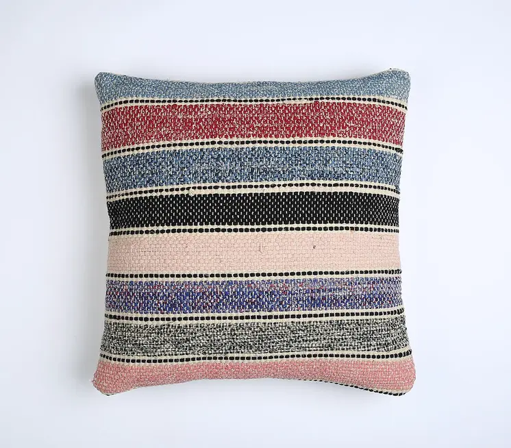 18" Beige and Black Striped Cotton Throw Pillow Cover