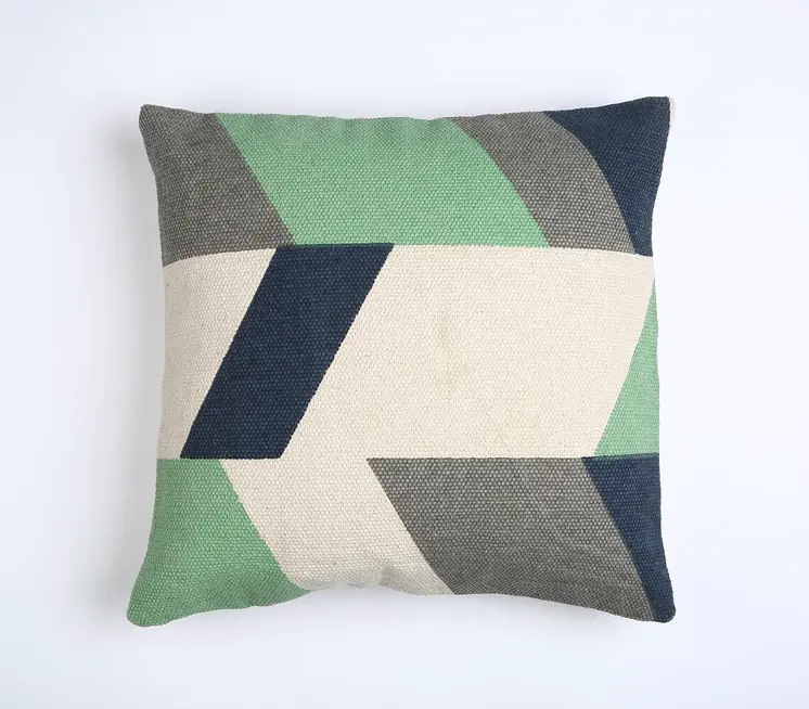 20" Beige Blue and Green Handmade Geometric Indoor Outdoor Throw Pillow Cover