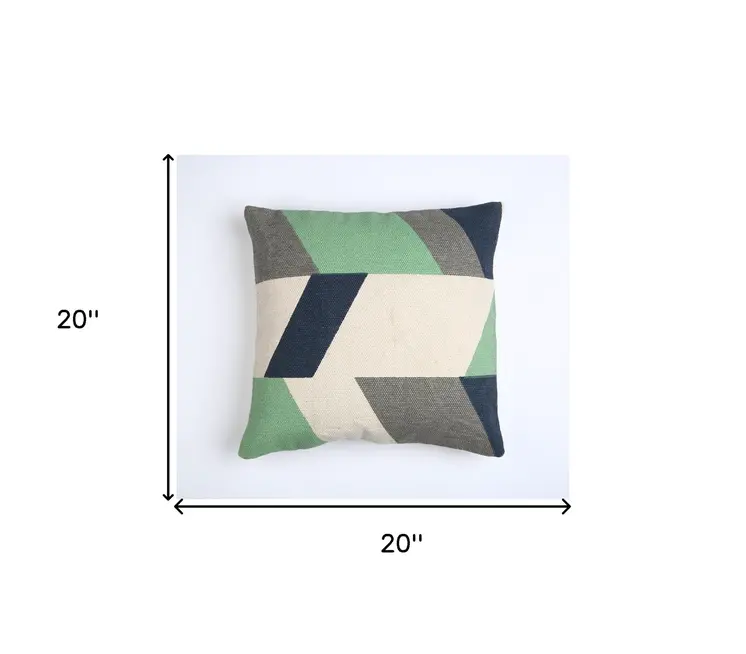 20" Beige Blue and Green Handmade Geometric Indoor Outdoor Throw Pillow Cover