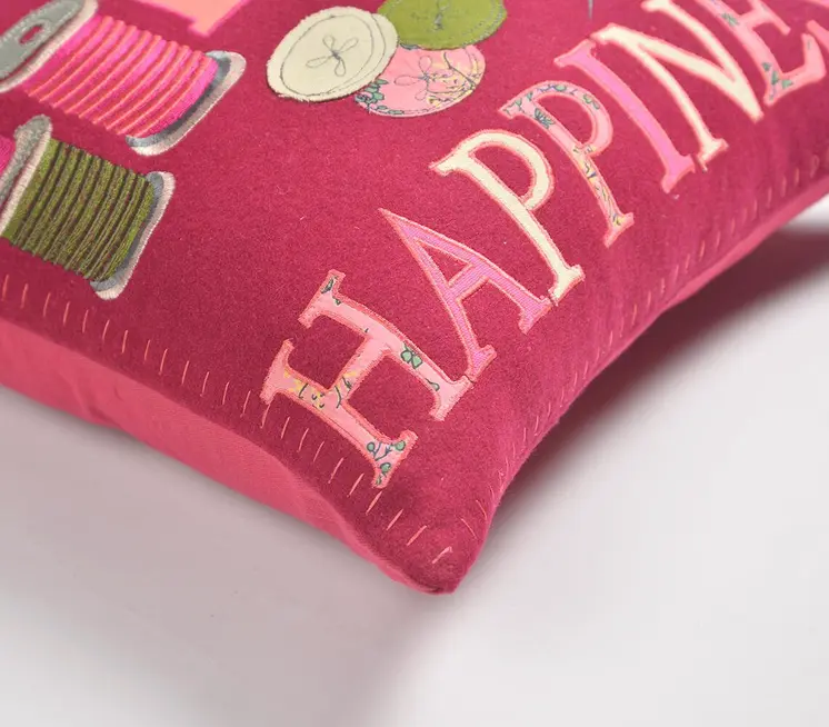 17" Pink and Green Felt Throw Pillow Cover With Embroidery