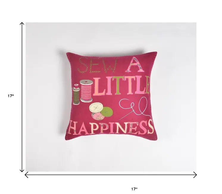 17" Pink and Green Felt Throw Pillow Cover With Embroidery