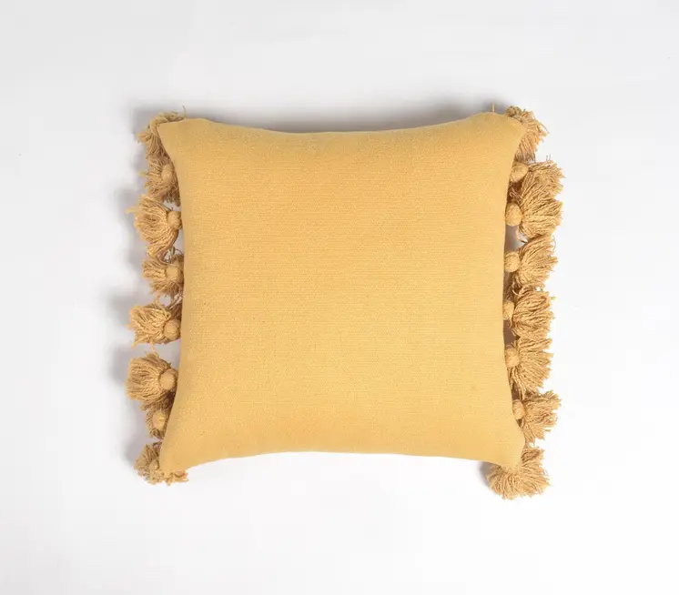 17" Mustard Cotton Throw Pillow Cover With Tassels