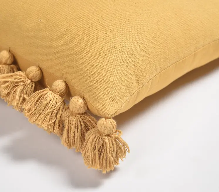 17" Mustard Cotton Throw Pillow Cover With Tassels