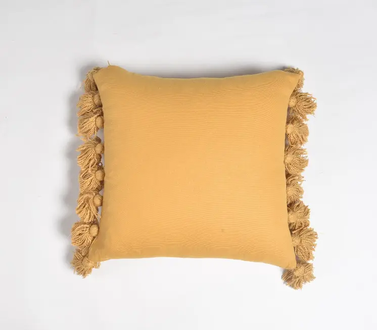 17" Mustard Cotton Throw Pillow Cover With Tassels
