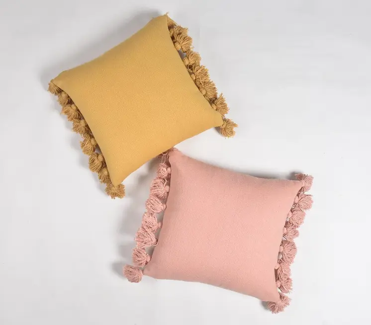 17" Mustard Cotton Throw Pillow Cover With Tassels