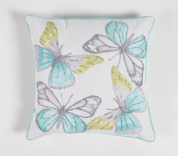 16" Blue and White Butterfly Cotton Throw Pillow Cover With Beads