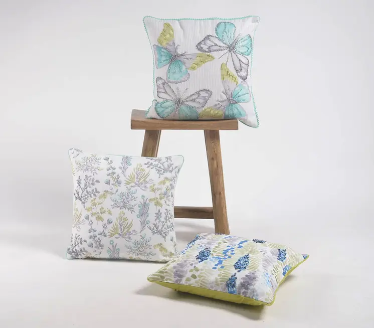 16" Blue and White Butterfly Cotton Throw Pillow Cover With Beads