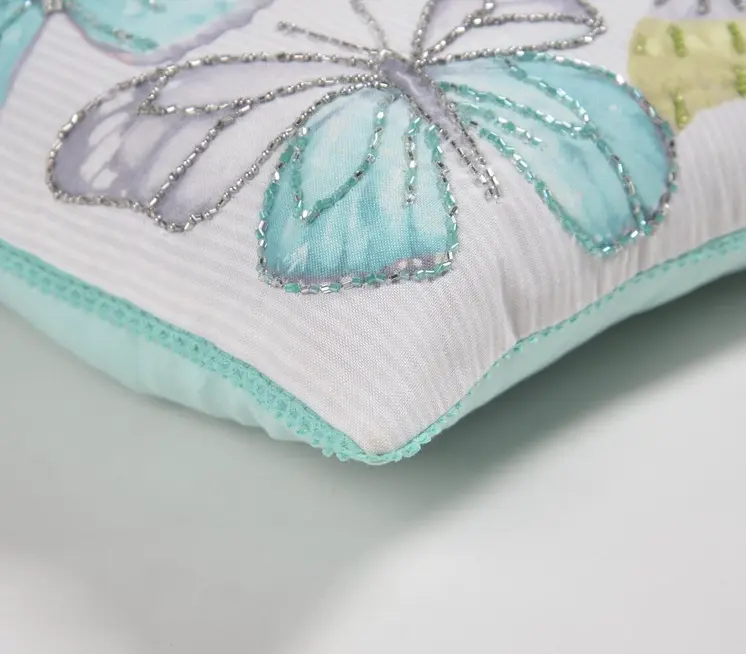 16" Blue and White Butterfly Cotton Throw Pillow Cover With Beads