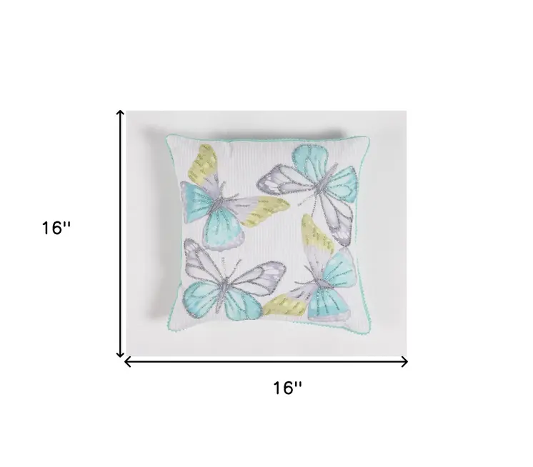 16" Blue and White Butterfly Cotton Throw Pillow Cover With Beads