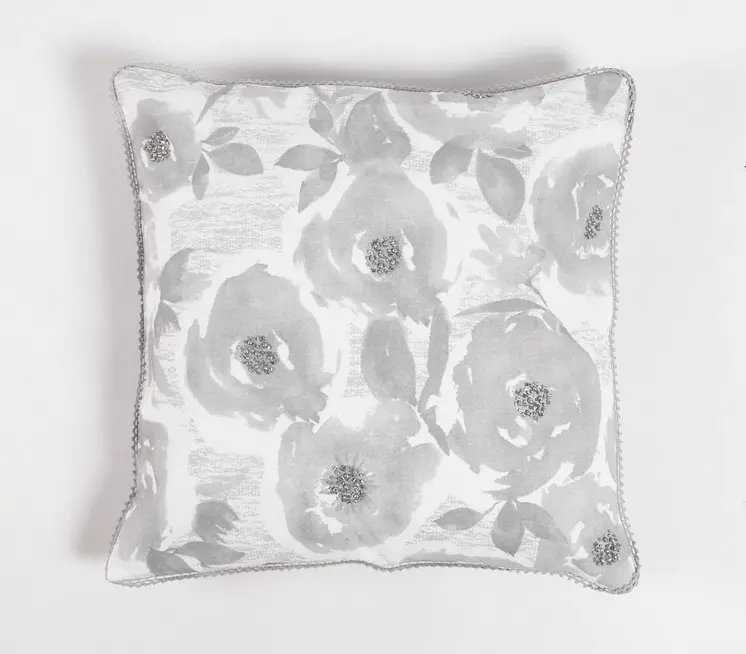 18" Gray and White Floral Cotton Throw Pillow Cover With Beads