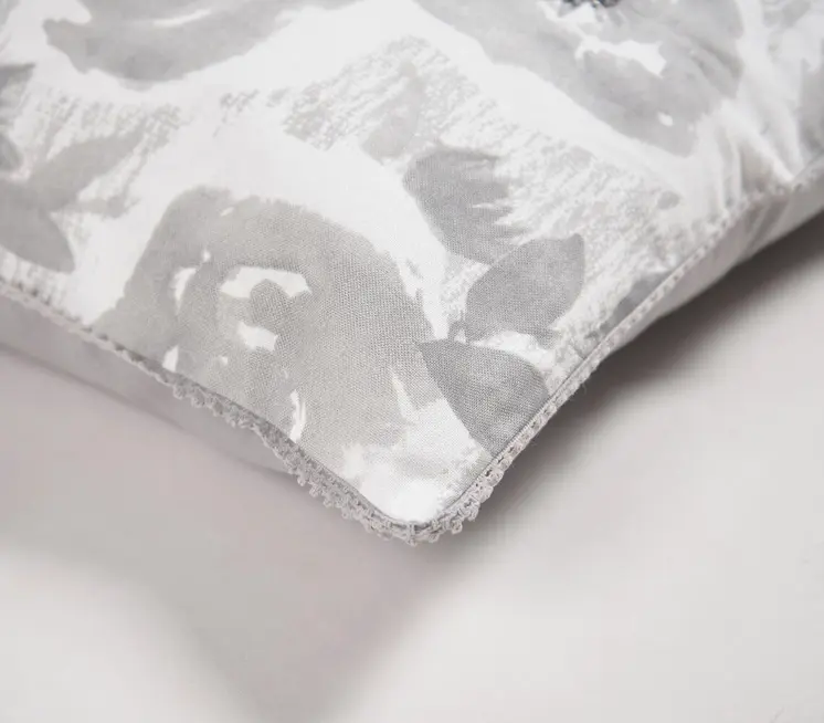 18" Gray and White Floral Cotton Throw Pillow Cover With Beads