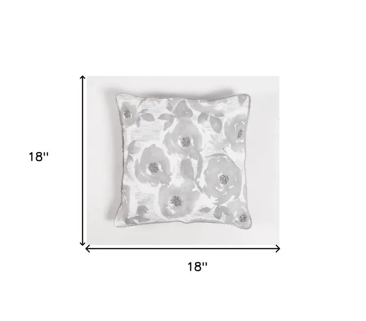 18" Gray and White Floral Cotton Throw Pillow Cover With Beads