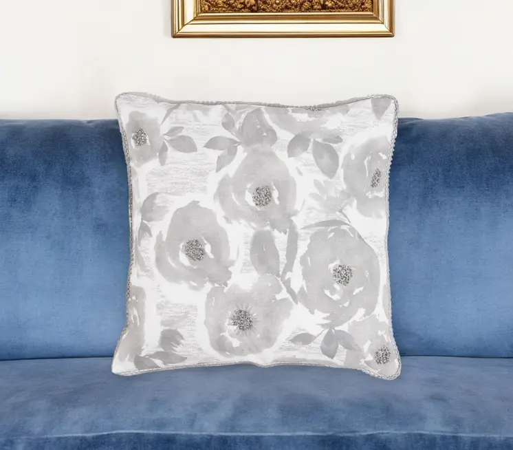 18" Gray and White Floral Cotton Throw Pillow Cover With Beads