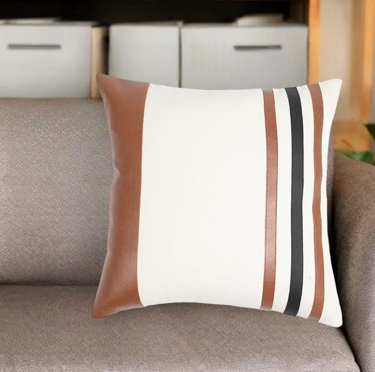 18" Brown and White Striped Cotton Blend Throw Pillow Cover